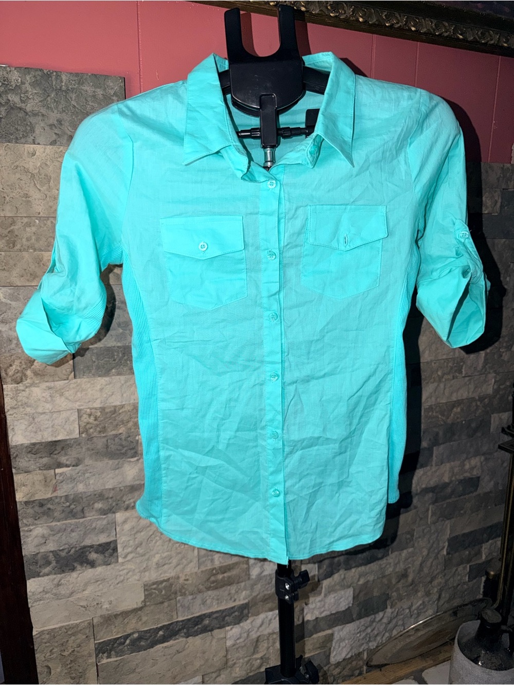 ZENANA OUTFITTER Mint Turquoise Ribbed Side Panel Roll Tab Sleeve Utility Small